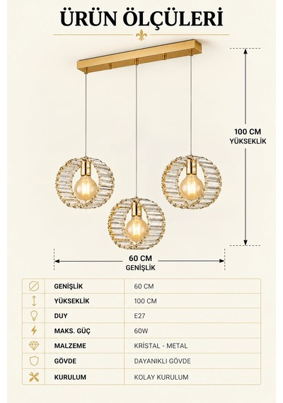 Modern Premium Gold Camlı Led 3 X E27 Duy Sarkıt Salon Mutfak Yemek Odası Avizesi 60w