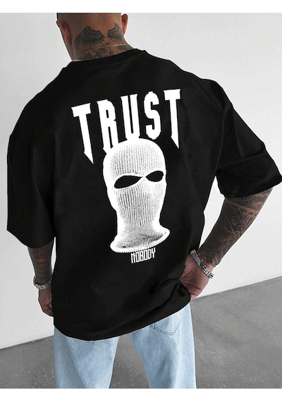 Trust Mast Süprem T-shirt - Siyah Baskılı Oversize Bisiklet Yaka Kısa Kol Tişört SIYAH
