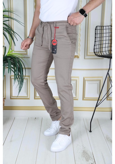 Phantom Jeans Erkek Kahve Slim Fit Esnek Likralı Armürlü Keten Pantolon Bağcıklı Kemerli Beli Lastikli Şık Pantolo Sütlü Kahve