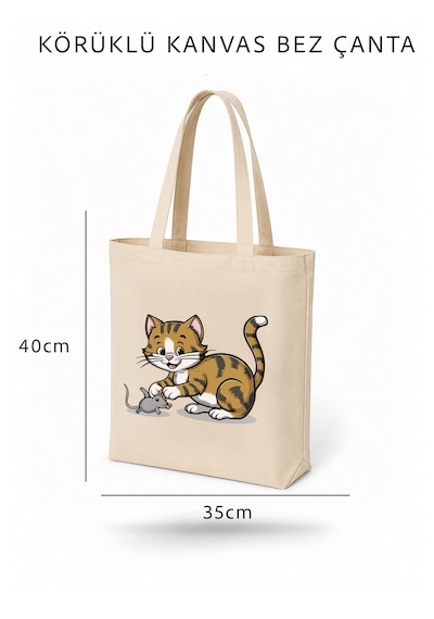 Lunora Collection Kedi Ve Fare Baskılı Körüklü Kanvas Bez Çanta Açık Ten