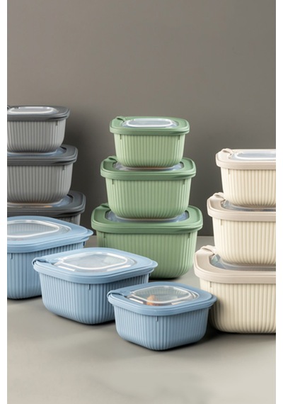 Micro Line Kare Saklama Kabı 600, 1100, 1800 Ml Üçlü Set Bej