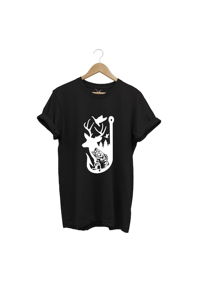 Avcılık Hunter Outdoor Geyik Balık Çulluk Baskılı %100 Pamuk Regular Fit Siyah T-shirt Siyah