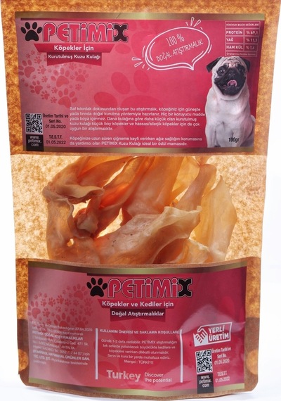 Petimix Kurutulmuş Kuzu Kulak Çiğneme Kemikleri Köpek Ödül Maması 100 G
