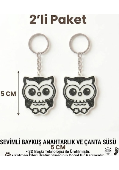 2'li Sevimli Baykuş Anahtarlık & Çanta Süsü Beyaz - Siyah