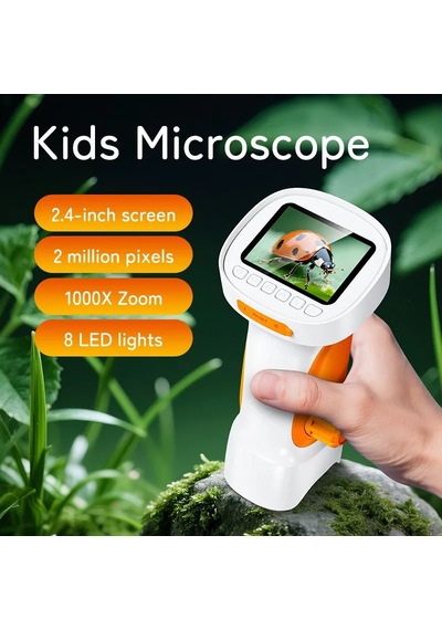 395 Turuncu Taşınabilir Dijital Çocuk Mikroskobu - 2.4 İnç Ips Ekranlı, 1080p Full Hd, 1000x Zoom, 8 Led Işıklı Eğitici Bilim Kiti