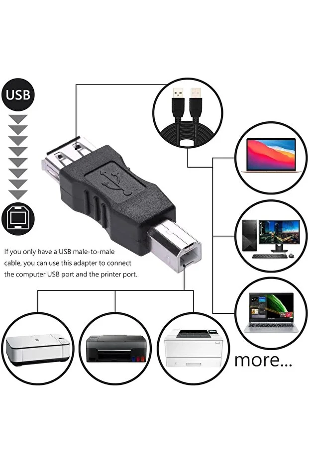 Usb-b Printer Erkek To Usb-a Dişi Adaptör Usb Yazıcı Çevirici Adaptör Kare Uç Usb Printer Aparat Black
