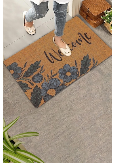 Valerine Life Lacivert Papatya Çiçekli Welcome Hoş Geldiniz Kapı Önü Paspası 45x70cm Kahverengi