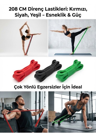 208 Cm Direnç Lastiği 3'lü Set Kırmızı, Siyah Ve Yeşil - Hafif, Orta Ve Ağır Kırmızı - Siyah - Yeşil