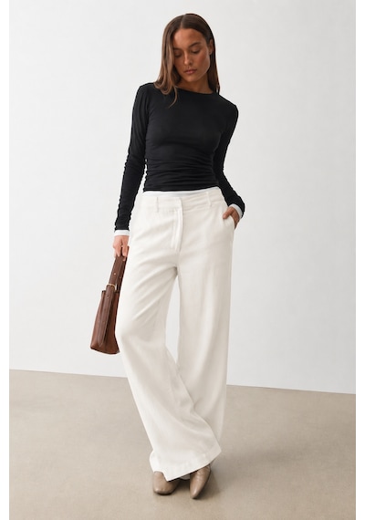 Madmext Beyaz Yüksek Bel Keten Wide Leg Pantolon Mg2718
