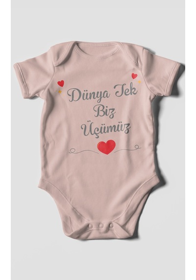 Morivokids Dünya Tek Biz Üçümüz Kısa Kollu Bebek Body %100 Pamuk Pastel Pembe
