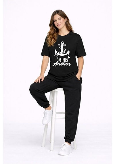Sevgili Kombini Oversize Çift Tişört Unisex Captain Anchor Baskıl Siyah