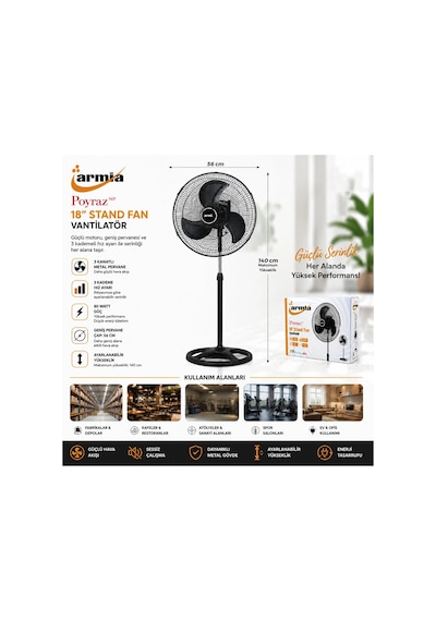 18 İnç Sanayi Vantilatör 3 Metal Kanat: Çap:56cm - Y: 140cm - 3 Kademe Hız 80w 5047