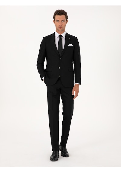 Cacharel Siyah Slim Fit Mikro Desenli Mono Yaka Yün Karışımlı Takım Elbise