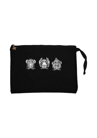Three Monkeys Cartoon Siyah Clutch Astarlı Cüzdan / El Çantası Siyah