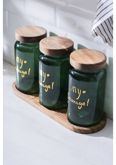 Acar 7936 Pierre 3 Lü Akasya Ahşap Kapak Ve Tepsili Kavanoz Seti - Dark Green Yeşil