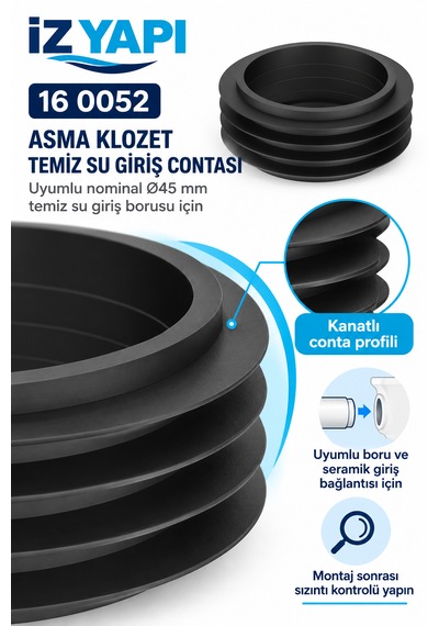 İz Yapı Asma Klozet Temiz Su Giriş Contası 45 Mm Kanatlı Gömme Rezervuar Boru Contası Siyah