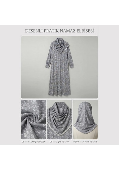 Gri Dantel Detaylı Pratik Bütünleşik Eşarplı Namaz Elbisesi Xl