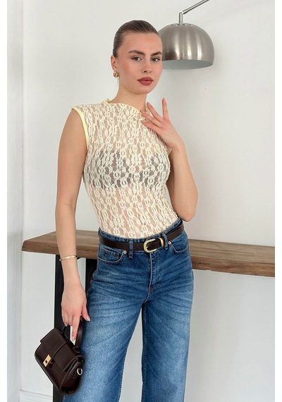Verymoda Sıfır Kol Dantel Bluz D2750 Sari