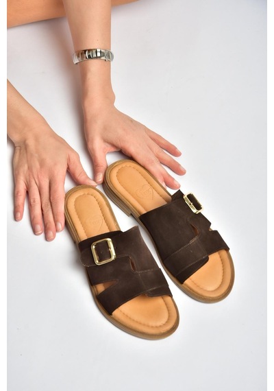 Fox Shoes Y944791002 Kahverengi Hakiki Deri Süet Kadın Terlik