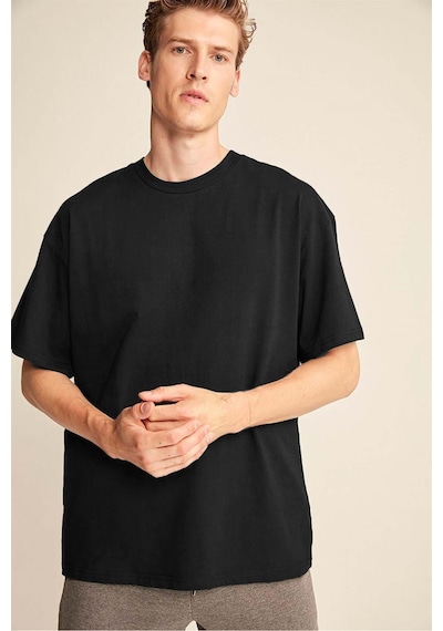 Grımelange Grımelange Jett Erkek Oversize Fit %100 Organik Pamuk Kalın Dokulu Bisiklet Yakalı Siyah T-shirt Siyah