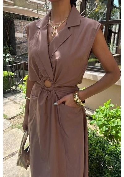 Defymoda Göbeği Halka Detaylı Midi Boy Elbise 2896 Kahverengi