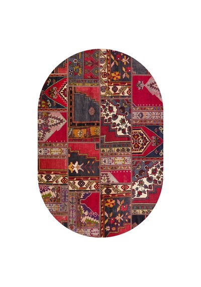 Patchwork Desenli Yıkanabilir Pamuk Taban Dijital Baskılı Oval Halı Kırmızı