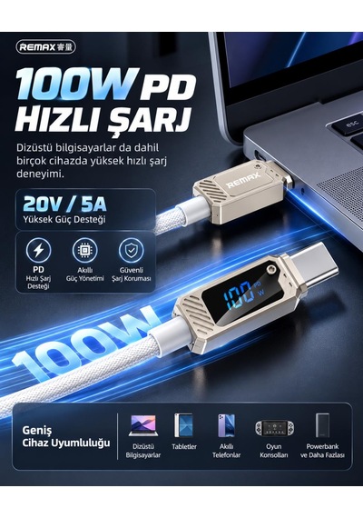Remax Suxien Rc-c069 100w Pd Dijital Ekranlı Type-c To Type-c Hızlı Şarj Ve Data Kablosu 1.2 Metre Beyaz