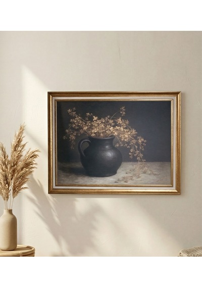 Vintage Gold Çerçeveli Natürmort Siyah Saksı Dekoratif Tablo 60x80 Cm