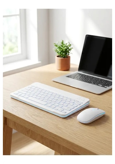 Kablosuz Bluetooth Klavye Ve Dongle Lı Mouse Seti Şarjlı Klavye Ve Fare Kombinasyonu Beyaz