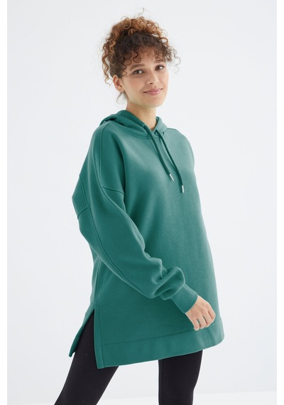 Tommy Life Deniz Yeşili Reglan Kol Basic Kapüşonlu Oversize Sweatshirt Tunik - 97242 Yeşil