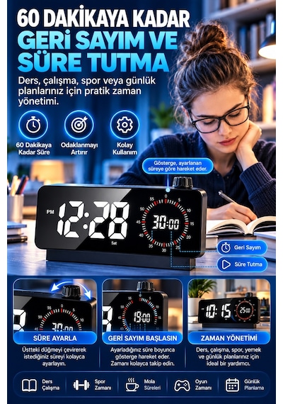 Hymark Görsel Zamanlayıcı Led Şarj Edilebilir Dijital Çalar Saat Siyah