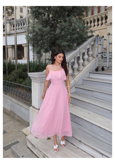Kechi Woman Şifon Astarlı Puantiyeli Askılı Elbise Pembe