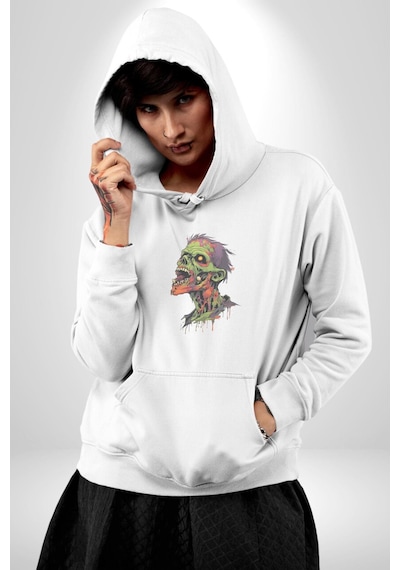 Zombi Kafası Kadın Erkek Beyaz Kapüşonlu Sweatshirt Hoodie Beyaz