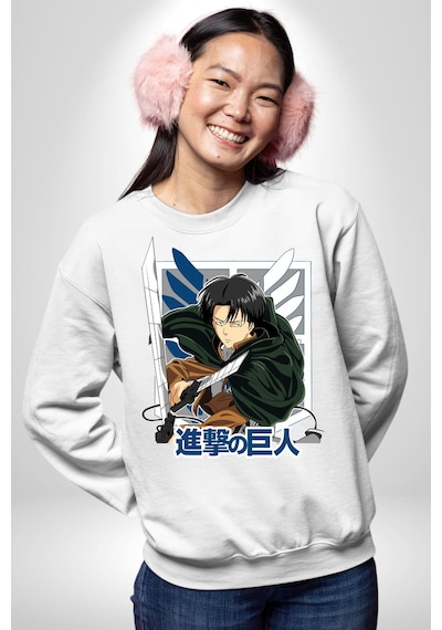Anime Levi Ackerman Beyaz Ve Siyah Kanatlar Unisex Beyaz Sweatshirt Beyaz