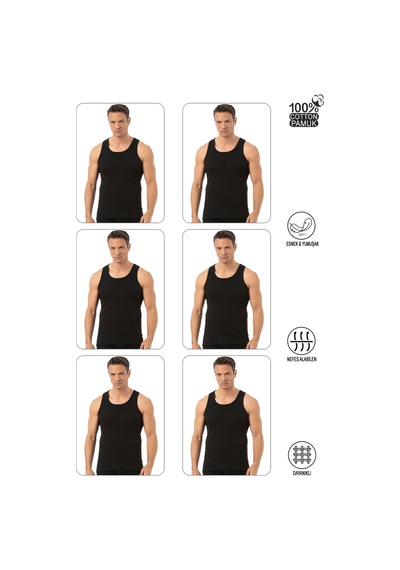 Özkan Underwear Özkan 0113 6'lı Paket Erkek %100 Pamuklu Esnek Yumuşak Ribana Kalın Askılı Atlet Siyah