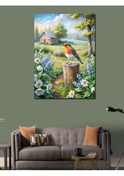 Kanvas Tablo Kırmızı Kuş Ve Çiçekler 70cmx100cm