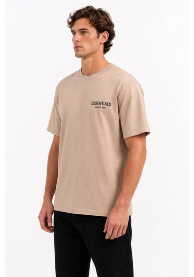 Hzr Wear Erkek Enjeksiyon Baskılı Basic Tişört Bisiklet Yaka Regular Fit %100 Pamuk Bej