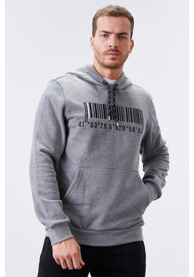 Tommy Life Gri Melanj Nakışlı Kanguru Cep Standart Kalıp Kapüşonlu Erkek Sweatshirt - 87839 GRİ MELANJ