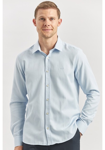 İmza Koyu Mavi Uzun Kol Kendinden Desenli Armürlü 032 Sert Yaka Casual Slim Fit Gömlek 1004240249 Koyu Mavi