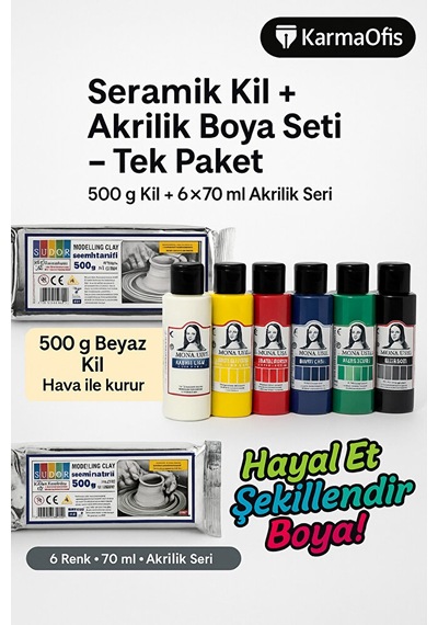 Seramik Kil 500 G + 6 70 Ml Akrilik Boya Modelleme Boyama Seti