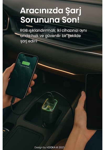 66w Araç Şarj Adaptörü Type-c + Lightning Makaralı Kablo, Usb + Type-c Girişli, Hızlı Şarjlı