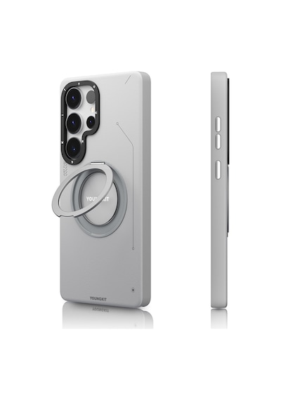 Galaxy S25 Ultra Kılıf Magsafe Uyumlu 360 Standlı Mat Deri Youngkit Tech Leather Kapak Gri