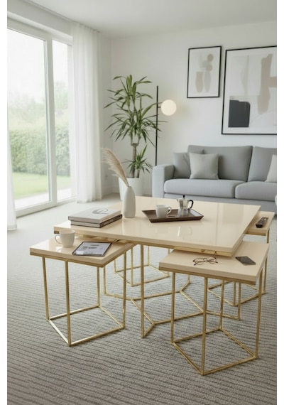 Usta Mekan Monza 5 Li Gold Krem Mdf 4+1 Kare Orta Sehpa Bej