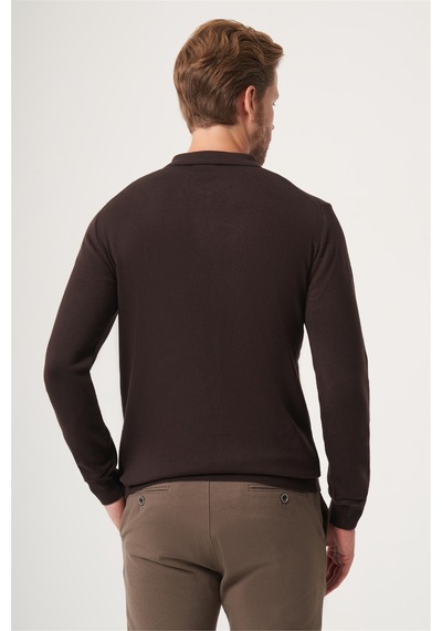 İmza Polo Yaka Uzun Kol Örme Comfort Fit Pamuklu Kazak 1012265007 Kahverengi
