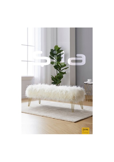 Şila Bench Beyaz Peluş - Gold Ayaklı 90 Cm Beyaz - Altın