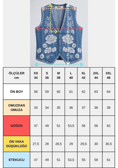Saade Sââde Kadın V Yaka Çiçek Nakışlı Düğmeli Denim Yelek Mavi