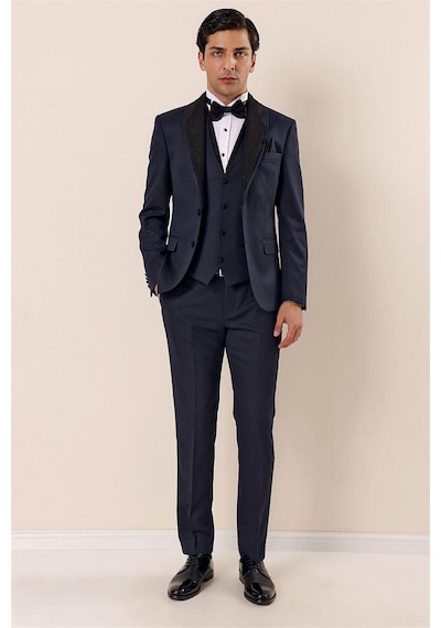 İmza Koyu Lacivert Desenli Çıkarılabilir Şal Yaka Yelekli 6 Drop Slim Fit Smokin Damatlık Takım 1001230204-Lacivert
