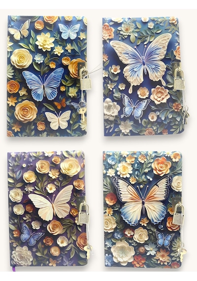 Mavi Büyük Kelebek 3d Görünümlü Hatıra Defteri Günlük Kilitli Defter 80 Yaprak