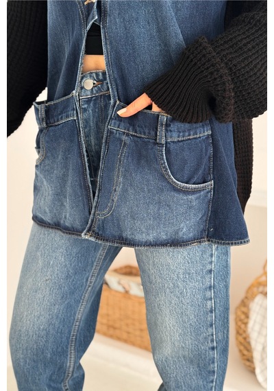 Femelle Siyah Kolları Ve Sırtı Triko Kot Denim Oversize Hırka Cepli Standart Beden