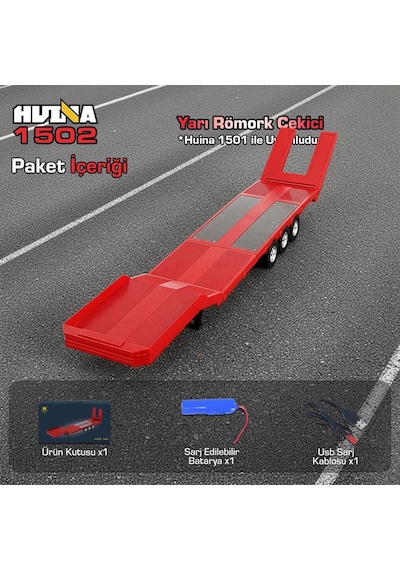 Huına 1502 1/18 Rc Uzaktan Kumandalı İş Makinesi İnşaat Aracı Römork Çekici Dorse Damper Trailer Flatbed 1501 İle Uyumlu Kırmızı